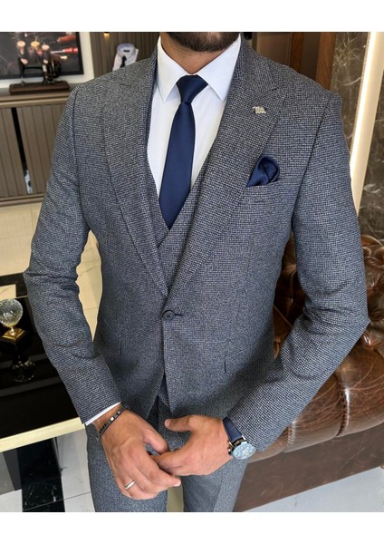 Italyan Stil Slim Fit Ceket Yelek Pantolon Takım Elbise Lacivert T9795 fiyatları