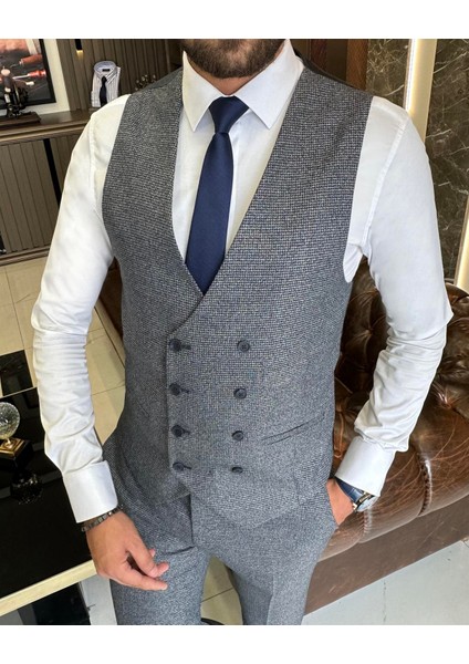 Italyan Stil Slim Fit Ceket Yelek Pantolon Takım Elbise Lacivert T9795 indirimleri