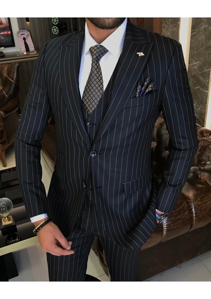 İtalyan stil çizgili ceket yelek pantolon takım elbise Lacivert T9930