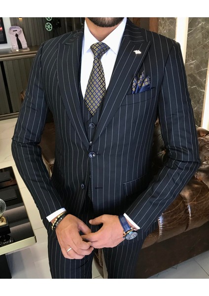 İtalyan stil çizgili ceket yelek pantolon takım elbise Lacivert T9930 fiyatları