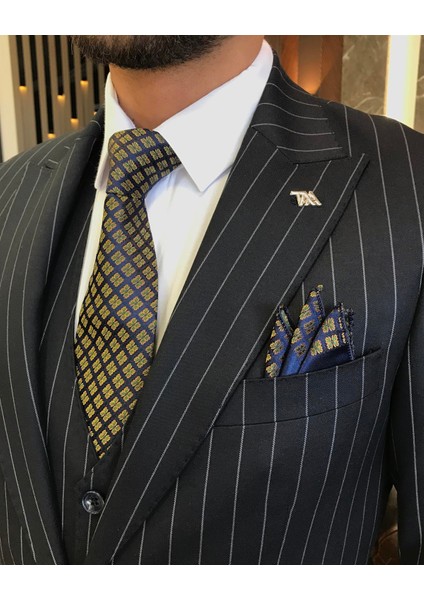 İtalyan stil çizgili ceket yelek pantolon takım elbise Lacivert T9930 modelleri