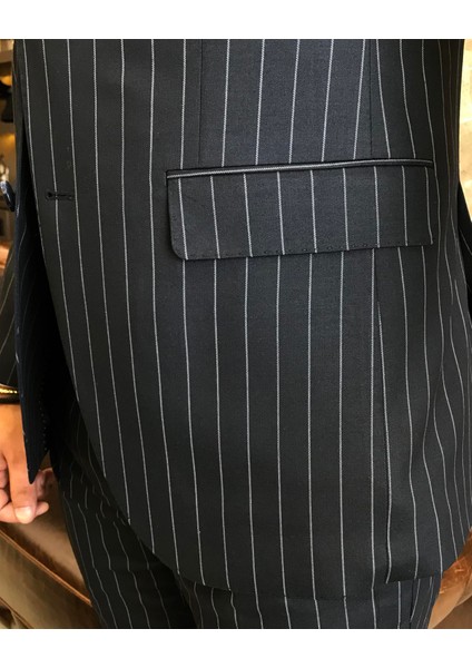 İtalyan stil çizgili ceket yelek pantolon takım elbise Lacivert T9930 indirimleri