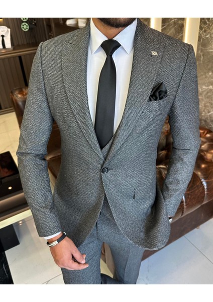 Italyan Stil Slim Fit Ceket Yelek Pantolon Takım Elbise Gri T10324