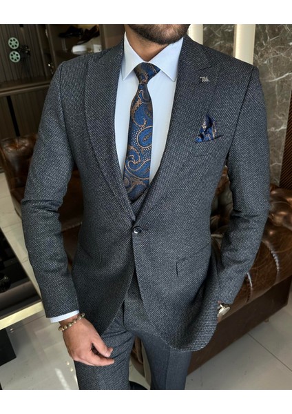Italyan Stil Slim Fit Ceket Yelek Pantolon Takım Elbise Lacivert T10323