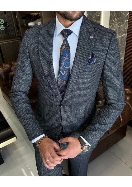 Italyan Stil Slim Fit Ceket Yelek Pantolon Takım Elbise Lacivert T10323