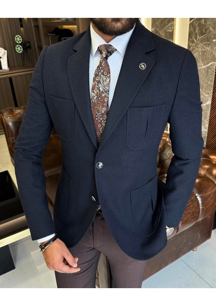 Italyan Stil Slim Fit Yün Karışımlı Mono Yaka Erkek Ceket Lacivert T9876