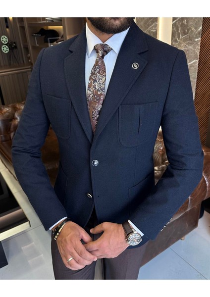 Italyan Stil Slim Fit Yün Karışımlı Mono Yaka Erkek Ceket Lacivert T9876 fiyatları
