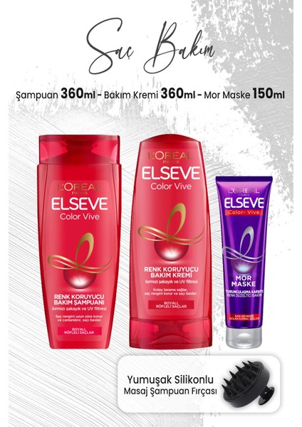 Color Vive Renk Koruyucu Şampuan 360 ml Krem 360 ml Mor Maske 150 ml ve Masaj Şampuan Fırçası Siyah