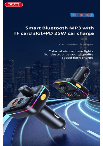 -BCC09 Rgb Multi-Functional Usb+Usb+C+Sd Kart Çakmaklık Girişli Transmitter Bluetooth Mp3 Çalar