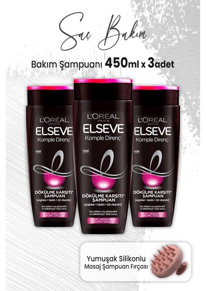 Komple Direnç Dökülme Karşıtı Şampuan 450 ml x 3 Adet ve Masaj Şampuan Fırçası Pembe