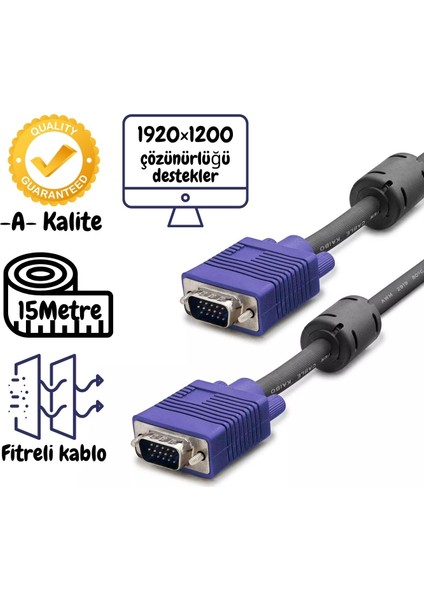 VGA KABLO-A-KALITE.15METRE VGA Kablosu -Projeksiyon Kablosu-Monitör Görüntü Kablosu