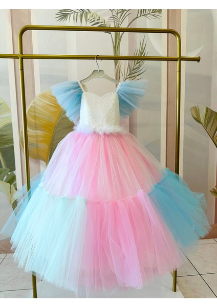 Beyaz - Toz Pembe Rainbow Tarlatanlı Gelinlik Abiye