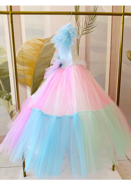 Beyaz - Toz Pembe Rainbow Tarlatanlı Gelinlik Abiye