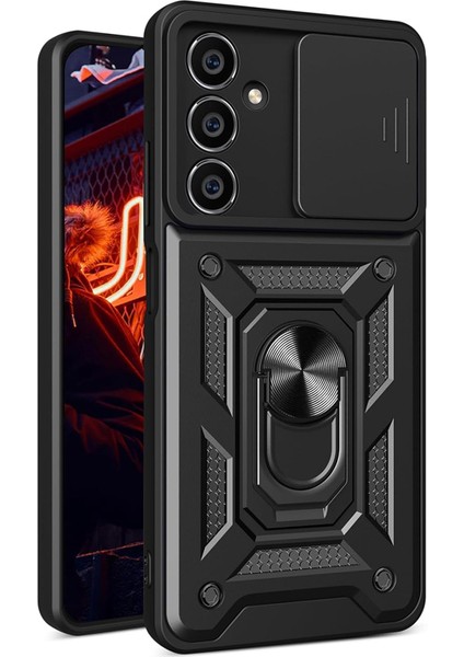 Samsung Galaxy S23 Fe Kılıf Sert Silikon Tank Aramid Sürgülü Vega Yüzüklü Siyah