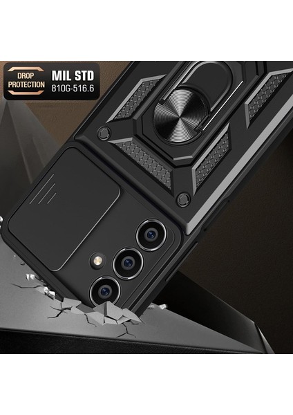 Samsung Galaxy S23 Fe Kılıf Sert Silikon Tank Aramid Sürgülü Vega Yüzüklü Siyah modelleri