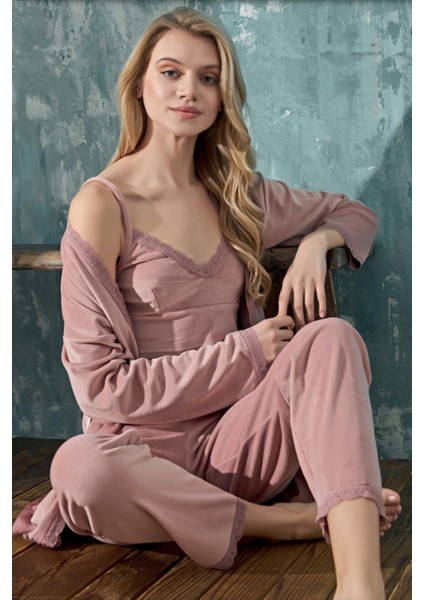 Kadın 3 Lü Büstiyerli Kadife Pudra Pijama Takımı C1T3N4O01-1