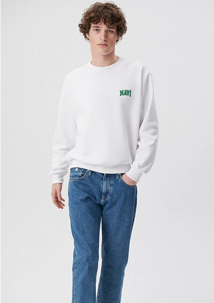 Erkek Mavi Logo Baskılı Beyaz Sweatshirt 0611716-620