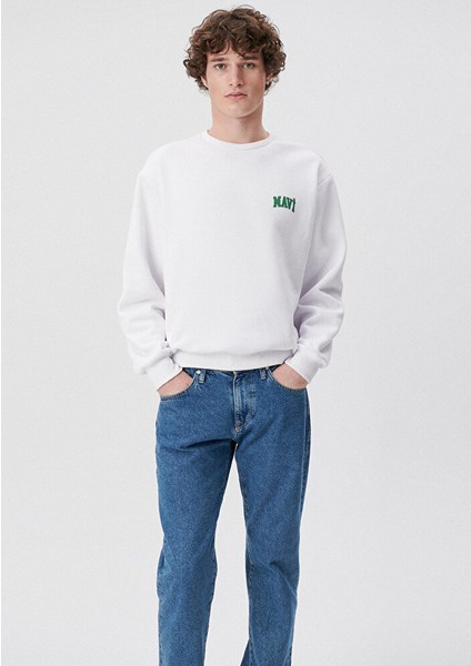 Erkek Mavi Logo Baskılı Beyaz Sweatshirt 0611716-620