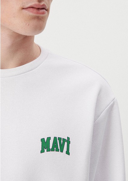 Erkek Mavi Logo Baskılı Beyaz Sweatshirt 0611716-620