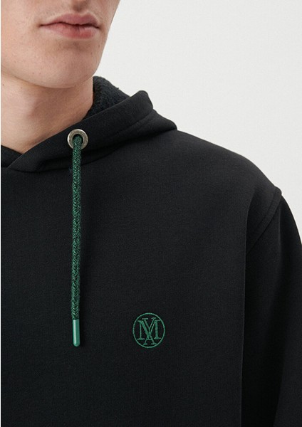 Erkek Mavi Logo Nakışlı Kapüşonlu Siyah Sweatshirt 065809-900