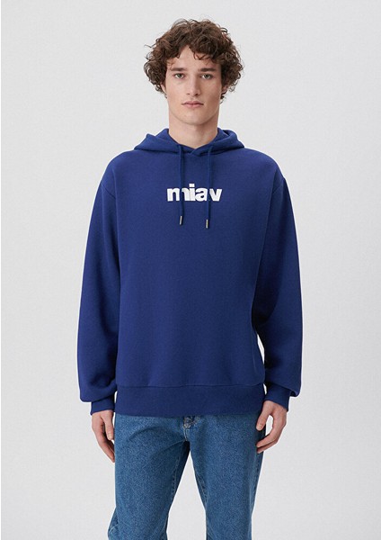 Erkek Mavi Logo Baskılı Kapüşonlu Mavi Sweatshirt 0S10001-70722