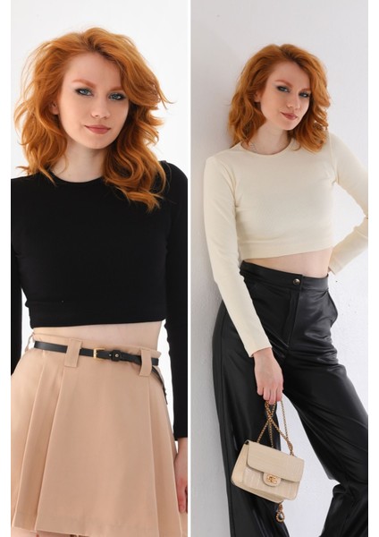 Siyah-Ekru 2'li Paket Fitted/vücuda Oturan Bisiklet Yaka Crop Fitilli Esnek Örme Bluz fiyatları