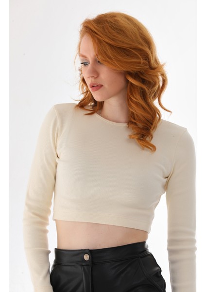 Siyah-Ekru 2'li Paket Fitted/vücuda Oturan Bisiklet Yaka Crop Fitilli Esnek Örme Bluz modelleri