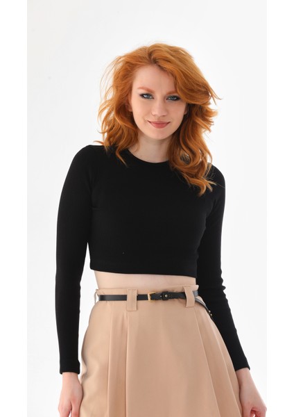 Siyah-Ekru 2'li Paket Fitted/vücuda Oturan Bisiklet Yaka Crop Fitilli Esnek Örme Bluz fırsatları