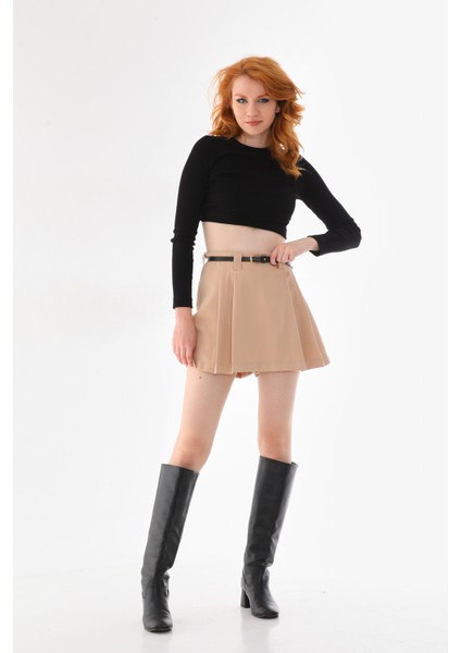 Siyah-Ekru 2'li Paket Fitted/vücuda Oturan Bisiklet Yaka Crop Fitilli Esnek Örme Bluz indirimleri