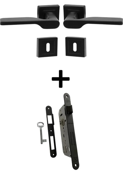Bersa Yapı Veroni Rozetli Oda Kapı Kolu ve Sessiz Gömme Kilit Mat Siyah 1 Kapılık Takım Siyah Kapı Kilidi 40 mm