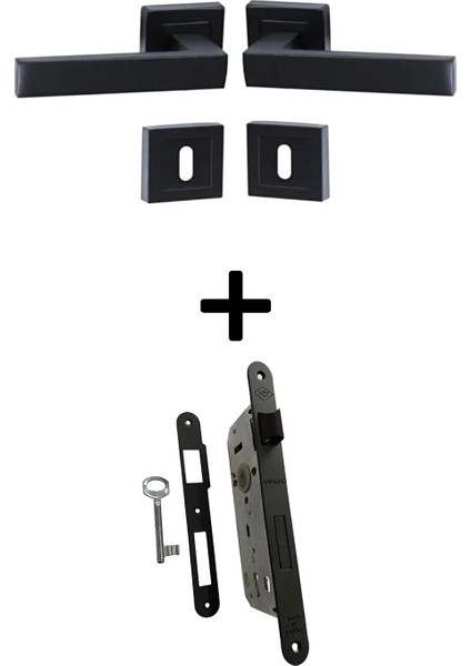 Bersa Yapı Lama Rozetli Oda Kapı Kolu ve Sessiz Gömme Kilit Mat Siyah 1 Kapılık Takım Siyah Kapı Kilidi 40 mm