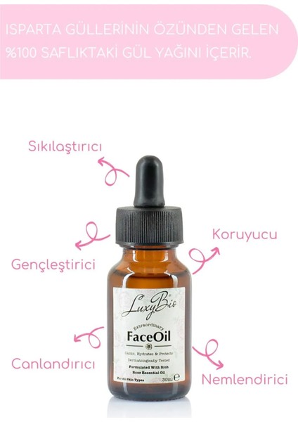 Saf Gül Yağı İçeren, Doğal Gül Yüz Bakım Yağı 30 ml