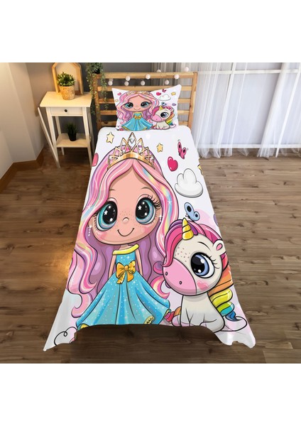 Mor Elbiseli Karikatür Cadı Tek Kişilik Yatak Örtüsü ve Yastık Kılıfı