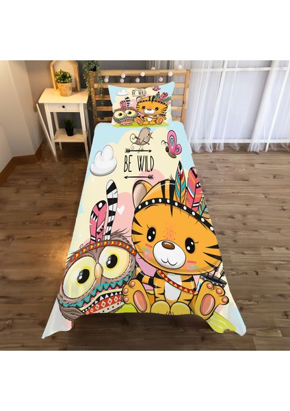 Kedi ve Kaplan Desenlitek Kişilik Yatak Örtüsü ve Yastık Kılıfı