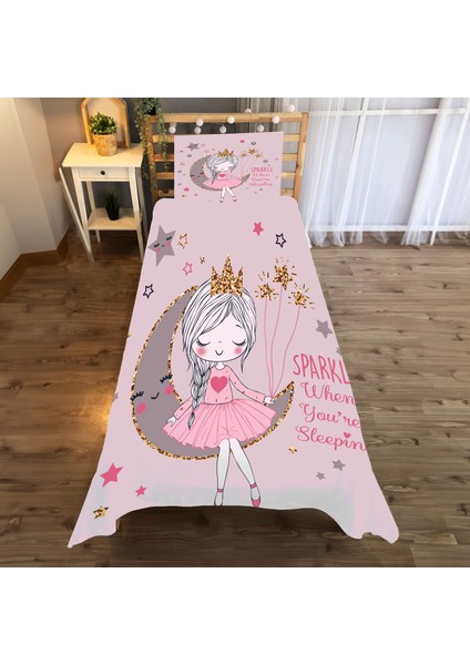Pembe Ayda Kız Desenli Tek Kişilik Yatak Örtüsü ve Yastık Kılıfı