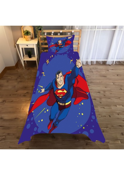 Superman Yeni Desenli Tek Kişilik Yatak Örtüsü ve Yastık Kılıfı