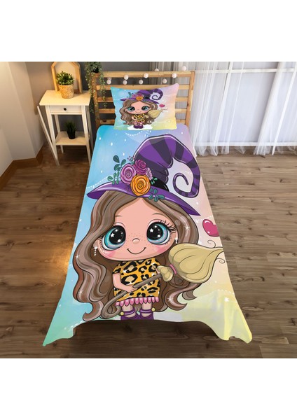 Mor Elbiseli Karikatür Cadı Desenli Tek Kişilik Yatak Örtüsü ve Yastık Kılıfı