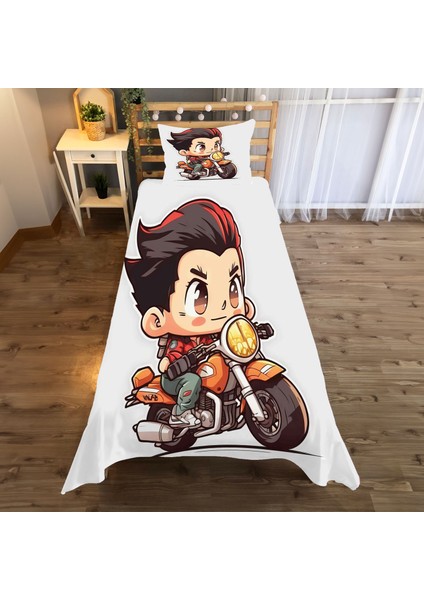 Motosiklet Desenli Tek Kişilik Yatak Örtüsü ve Yastık Kılıfı