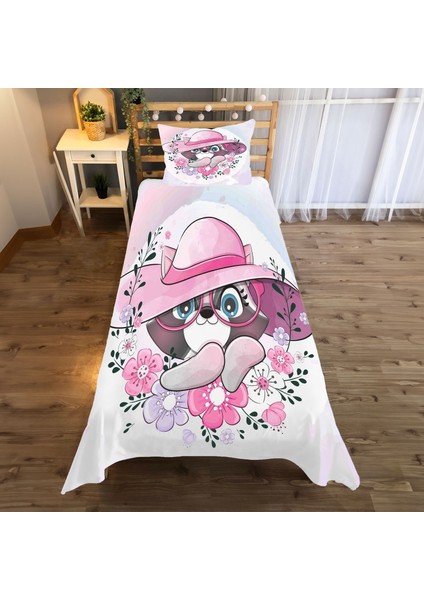 Pembe Kedi Futbol Desenli Tek Kişilik Yatak Örtüsü ve Yastık Kılıfı