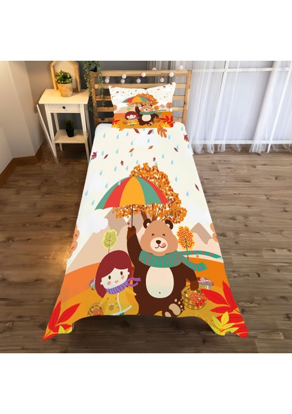 Bir Kız ve Ayı Desenli Tek Kişilik Yatak Örtüsü ve Yastık Kılıfı