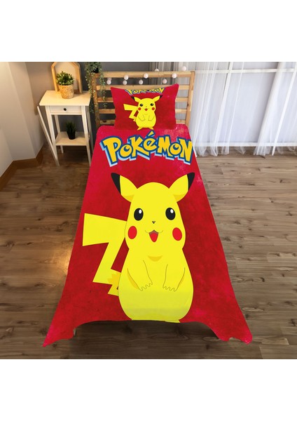 Pokemon Pikaçu Desenli Tek Kişilik Yatak Örtüsü ve Yastık Kılıfı