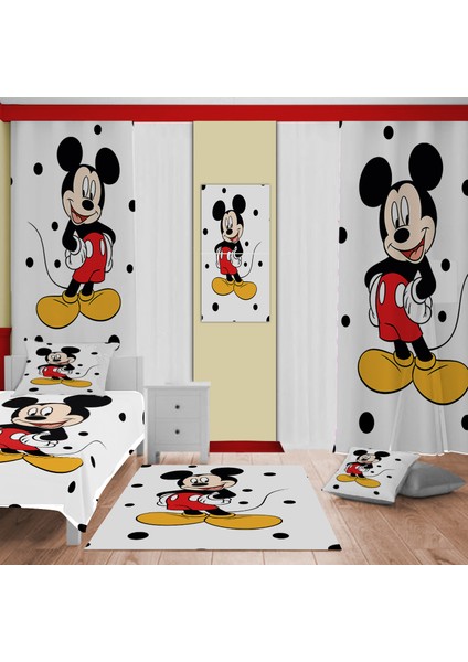 Mickey Mouse Beyaz Desenli Yatak Örtüsü, Perde Çift Taraf, Yastık, Kırlent, Halı ve Tablo