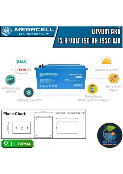 Megacel 12.8 Volt 150 Amper Lityum Akü Abs Kasa - 12.8 V 150 Ah Lıfepo4 1920 Wh