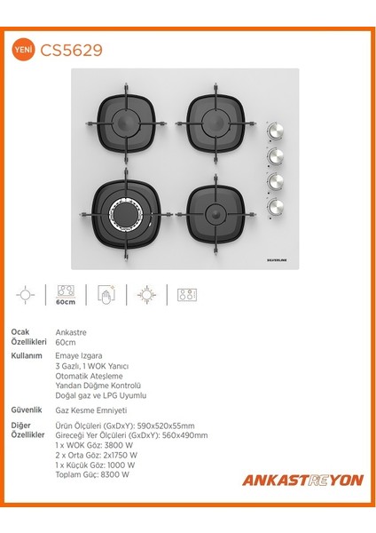 CS5629W01 Beyaz Cam Ankastre Ocak Woklu