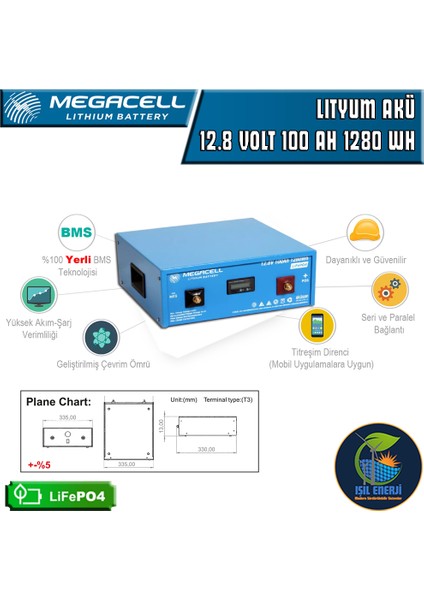 Megacel 12.8 Volt 100 Amper Lityum Akü Metal Kasa - 12.8 V 100 Ah Lıfepo4 1280 Wh