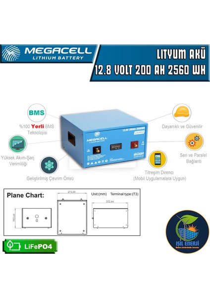 Megacel 12.8 Volt 200 Amper Lityum Akü Metal Kasa - 12.8 V 200 Ah Lıfepo4 2560 Wh