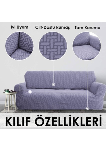 Jakarlı Likrali esnek 3 kişilik koltuk kılıfı streç lastikli çekyat kanepe örtüsü Tuğla desen Antrasit