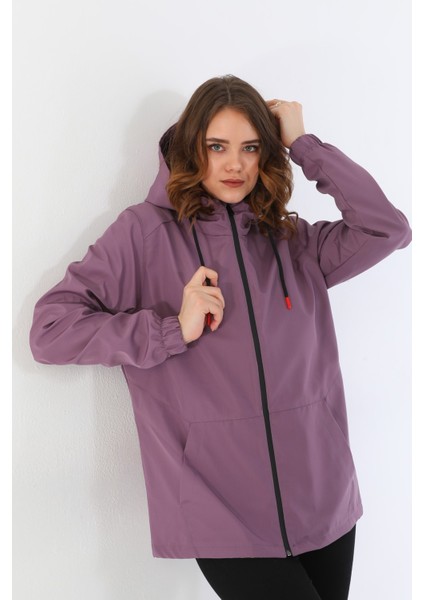 Kadın Mürdüm Içi Astarlı Su Geçirmez ve Rüzgara Dayanıklı Kapüşonlu Iç Cepli Yağmurluk - Rüzgarlık fırsatları