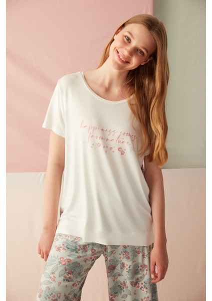 Çok Renkli Happiness Tişört Pijama Üstü