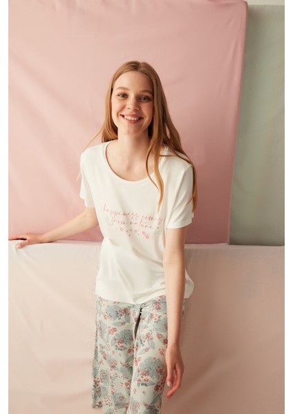 Çok Renkli Happiness Tişört Pijama Üstü